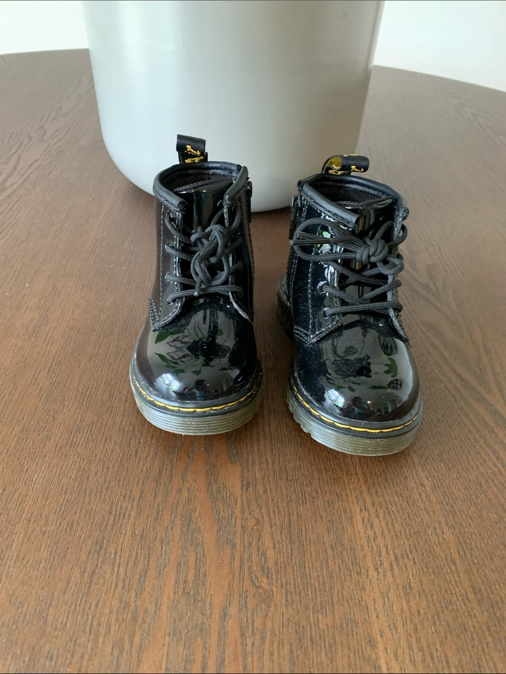 Dr. Martens Kids Black Patent Lace-Up Ankle Boots with Yellow Stitching